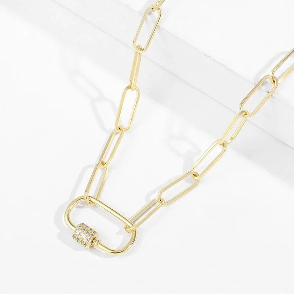 Oval Gold Narrow Chain Link Necklace Minimalist Paperclip Crystal Rhinestone - Picture 3 of 3